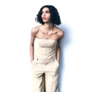 NWT ZARA STRAPLESS NYLON JUMPSUIT KHAKI